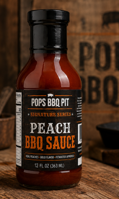 Photo of a 12 oz bottle of peach bbq sauce