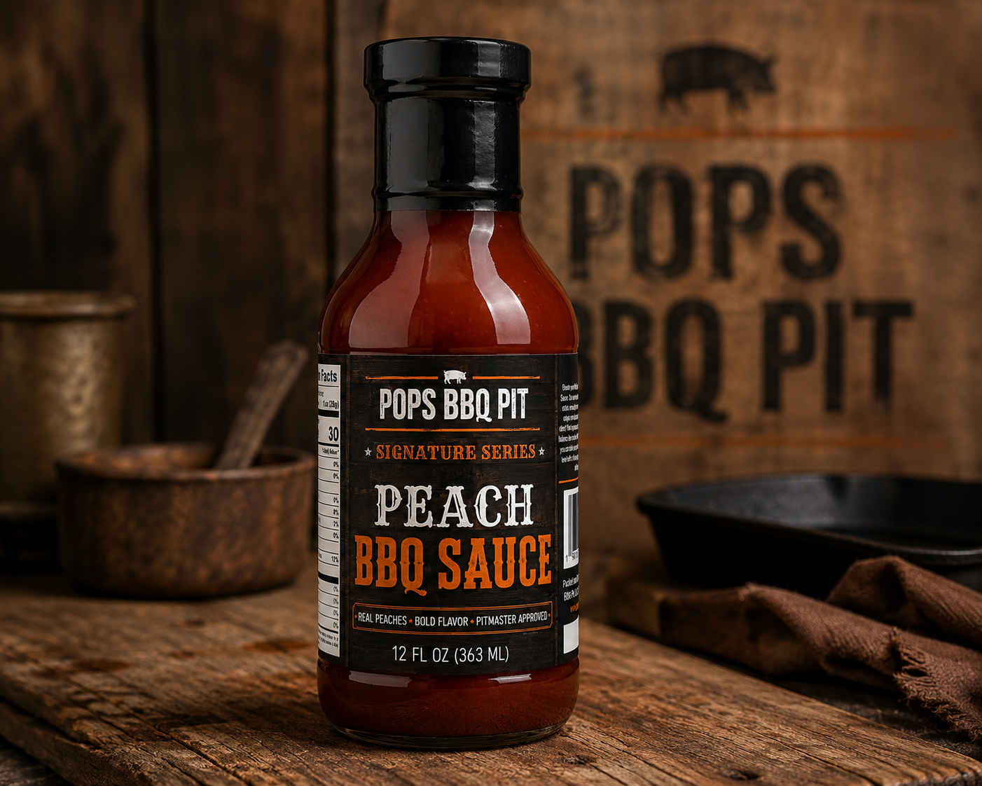 Photo of a 12 oz bottle of peach bbq sauce