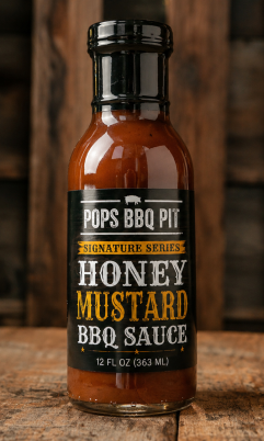 Picture of a 12 oz bottle of Honey Mustard BBQ sauce with a rustic background