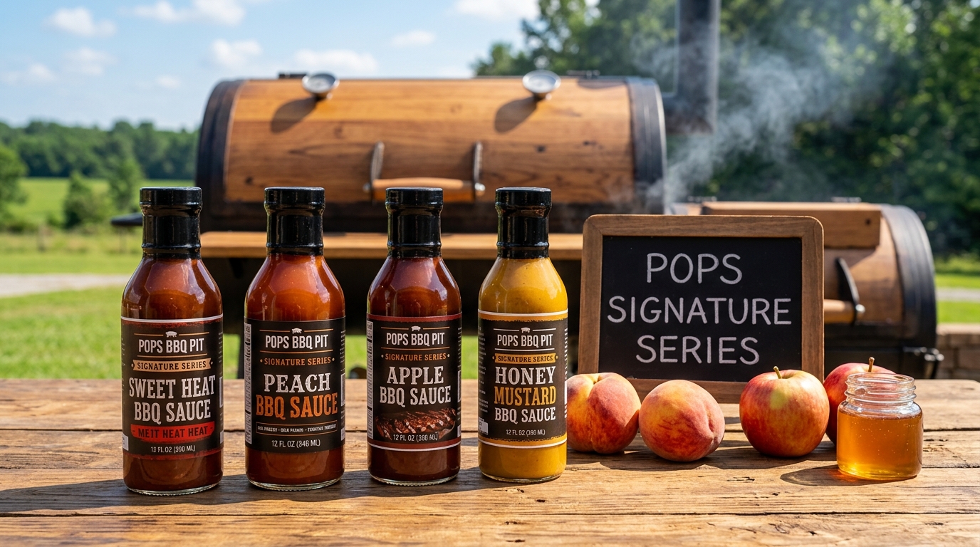 Four bottles of Pop’s Signature Series BBQ Sauces (Sweet Heat, Peach, Apple, and Honey Mustard) displayed on a rustic wooden table with fresh peaches, apples, honey, and an offset smoker puffing soft smoke in the background.
